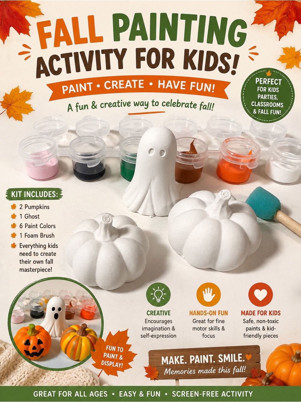 Fall activity for kids. 3 pieces to paint. Fun decorations. Great for kids all